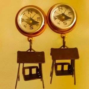 X Rare Handmade Earrings made of clock parts and train track.Compass/ Swingchair